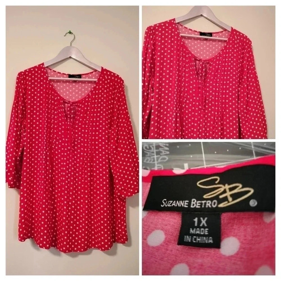 Suzanne Betro Tops - Suzanne Betro Red White Dots Short Adjustable Sleeves V Tie neckline Sz 1X